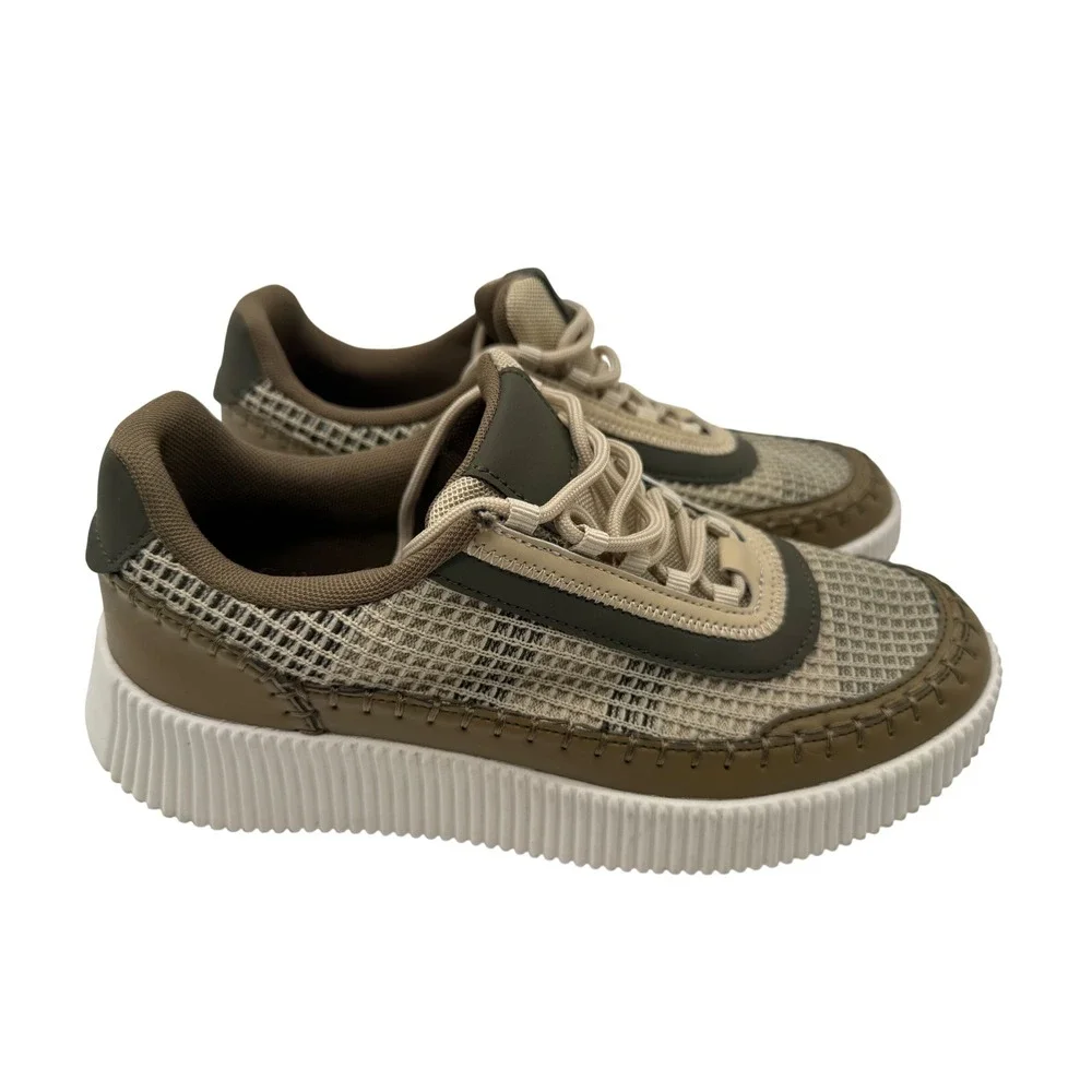 Nicole Miller Platform Sneakers Womens 8 Olive Tan Excellent Mixed Media Mesh